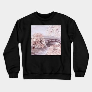 Sakura blooming trees, bridge on river watercolor. Cherry blossom scenery. Spring nature Crewneck Sweatshirt